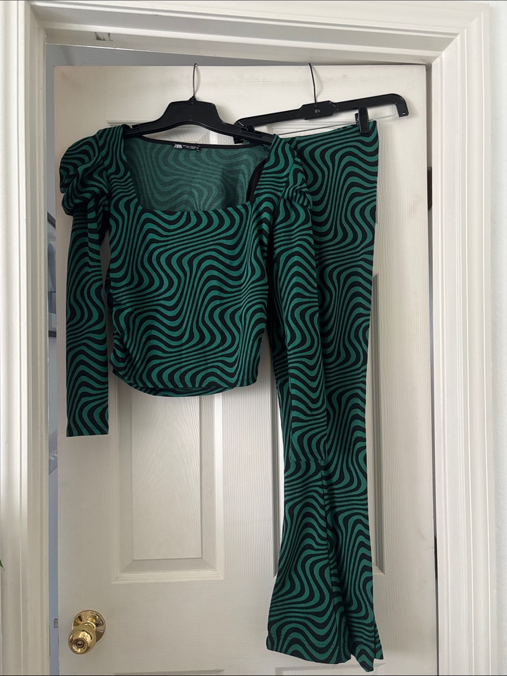 Green and Black Swirl Long Sleeve Top & Flared Pants Set